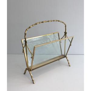 Brass Faux-bamboo Magazine Rack With Clear Glass Panels On Each Side. French Work 