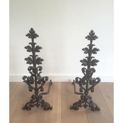 Pair Of Andirons Wrought Iron From Exceptional Quality. Nineteenth Century