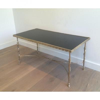 Silver Coffee Table With Winding Sets And Clogs. Tray Black Lacquered Glass.