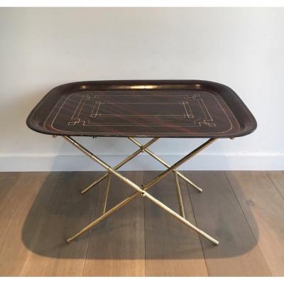 Beautiful Table Plateau Tole Painted And Brass. 1950