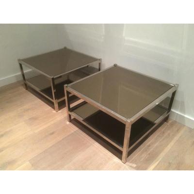 Pair Of Large Chrome Sofa Tips And Bronze Mirrors. About 1970