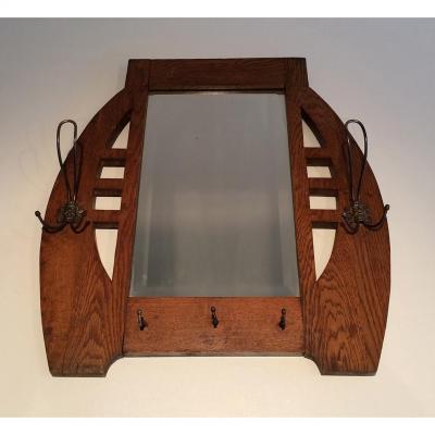 Interesting Art-nouveau Mirror In Oak And Brass. Around 1900