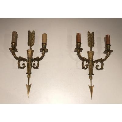 Pair Of Bronze Empire Style Wall Sconces With Arrows And Quivers.