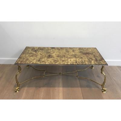 Rare Brass Coffee Table Decorated With Dolphins And Tray Made Of Golden Tiles On Verr