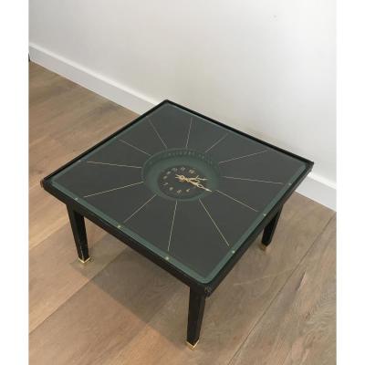 In The Style Of Jacques Adnet. Rare Black Leather And Brass Small Clock Table. French. Cir