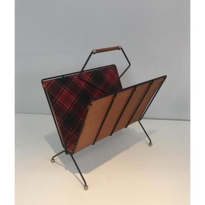 Rare Magazine Rack In Black Lacquered Metal, Leather And Fabric Burberry Way.
