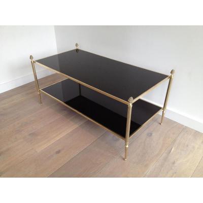 Neoclassical Coffee Table In Bronze And Brass And Trays Of Black Lacquered Glasses.