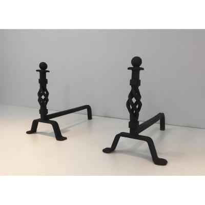 Pair Of Twisted Wrought Iron Andirons. French. Circa 1940 