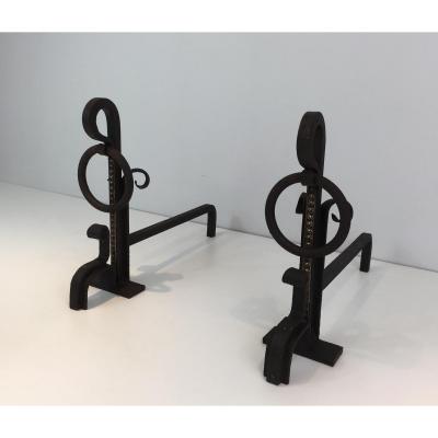 Pair Of Modernist Wrought Iron And Brass Andirons. French. Circa 1940 