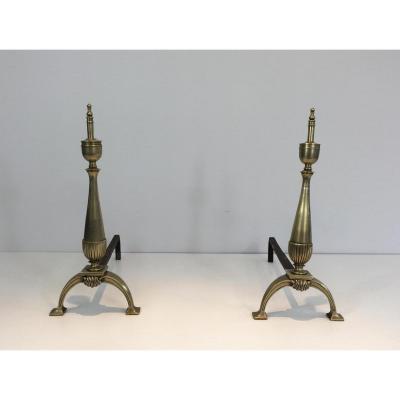 Pair Of Neoclassical Andirons In Brass And Wrought Iron.