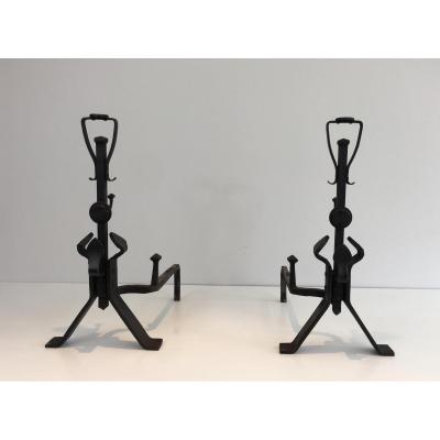 Pair Of Arts & Crafts Wrought Iron Andirons. Circa 1930 