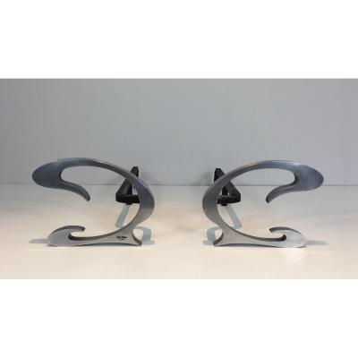 Pair Of Andirons Design Brushed Steel And Wrought Iron.