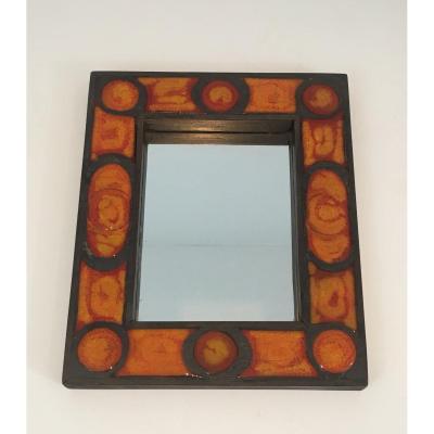 Miroir En Céramique Dans Les Tons Orangés. Vers 1970 