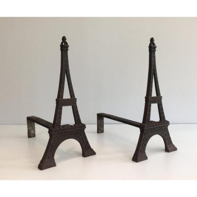 Paire De Chenets Tour Eiffel En Fonte. Vers 1900