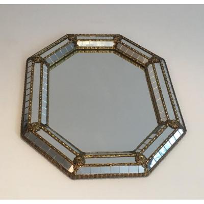 Octogonal Brass Garlands And Flowers And Mirror Faceted Small Mirror. Circa 1970