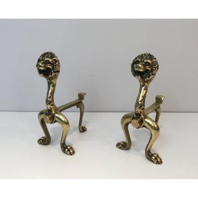 Unusual Pair Of Lions Bronze Andirons. French. Circa 1900