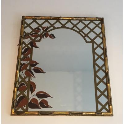 Miroir Décoratif Façon Faux-bamboo En Bois Doré Et Décor Floral Imprimé. Vers 1970