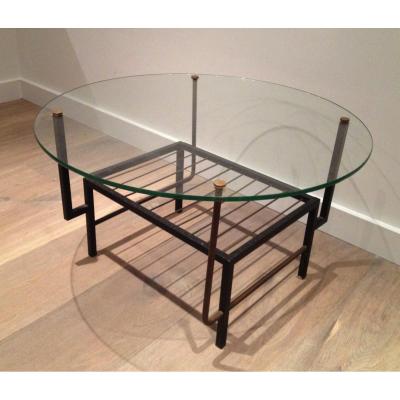 Black Lacquered Metal And Brass Small Coffee Table With Glass. In The Style Of Mathieu Matégot. 