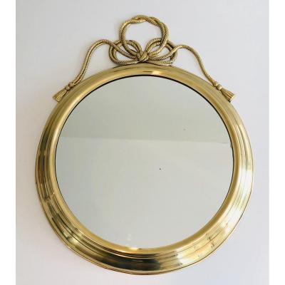  Decorative Oval Brass Mirror With Large Noddles On Top. French. Circa 1970