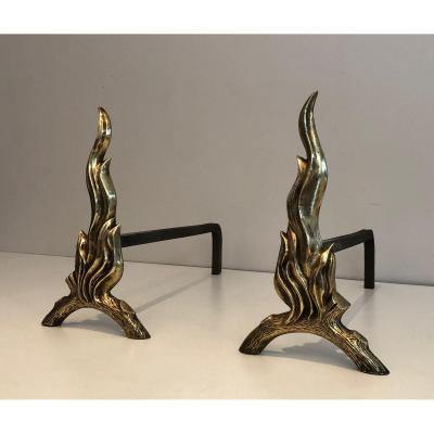 Pair Of Bronze And Wrought Iron Flame Andirons. French. Circa 1970