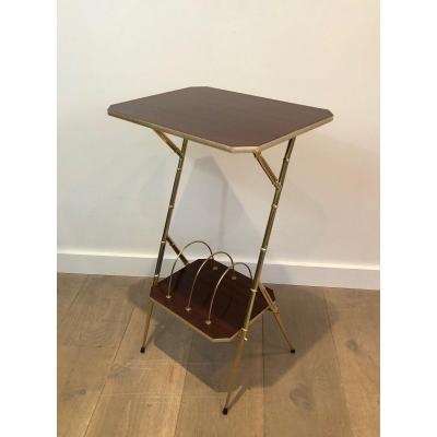 Mahogany And Faux-bamboo Gilt Metal Side Table With Magazine Rack. French. Circa 1970