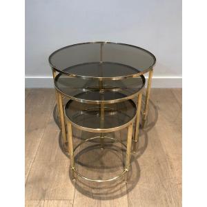 Set Of 3 Round Brass Nesting Tables With Smoked Glass. French Work By Maison Ramsay. Circa 1940