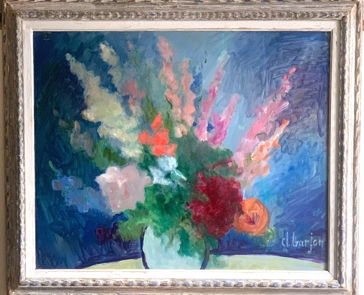 Roses And Gladioli Still Life Oil On Cardboard French School Signed