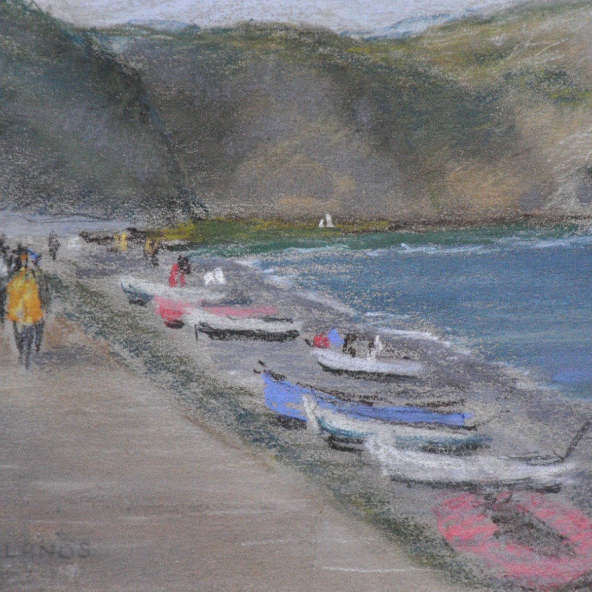 Etretat, La Plage Et Les Falaises Pastel Sur Papier Signé Lanos XXème Siècle-photo-3