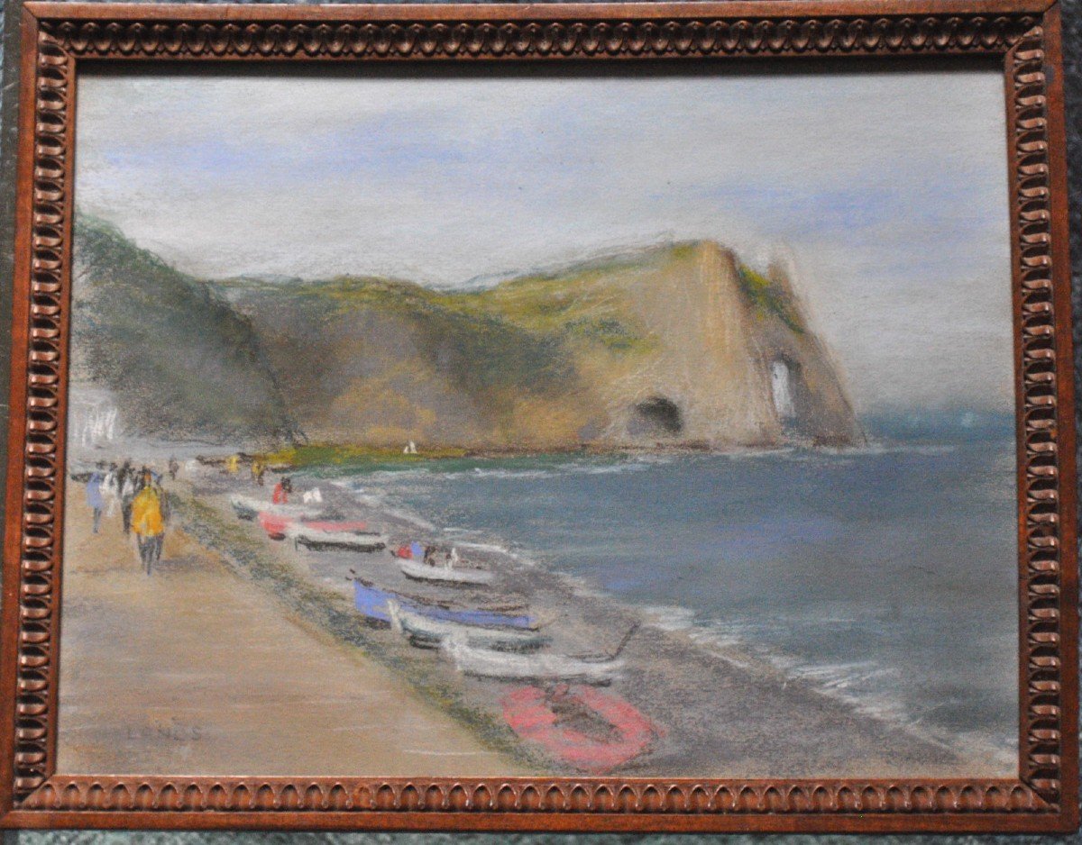 Etretat, La Plage Et Les Falaises Pastel Sur Papier Signé Lanos XXème Siècle