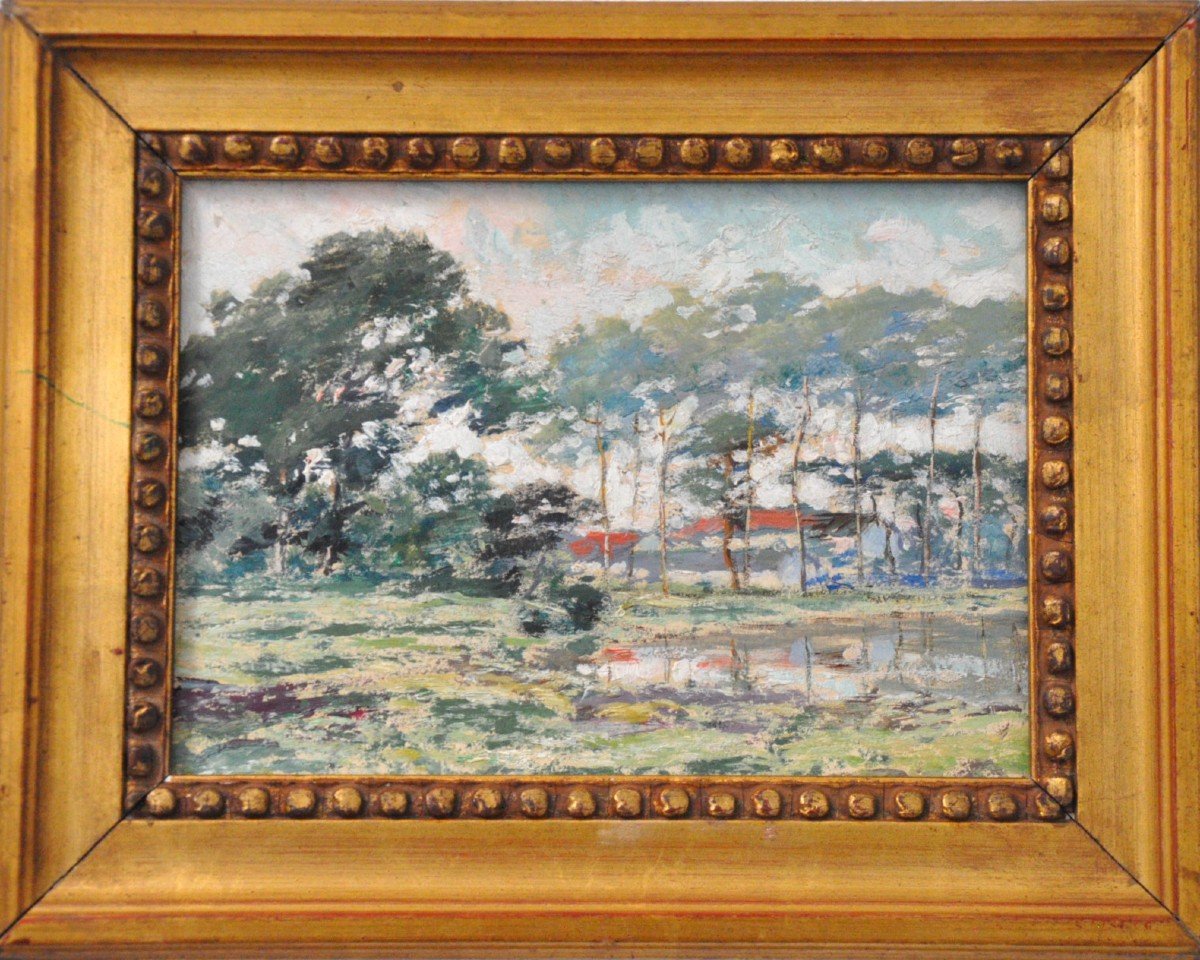 Country Landscape Oil On Cardboard XXth Century French School