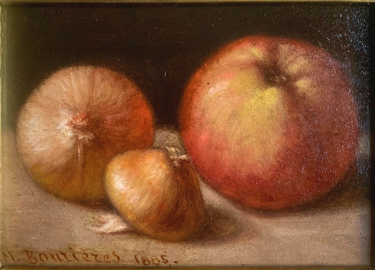 The Vegetables Still Life Of A Tomato, An Onion And A Shallote  Oil On Wood 19th Century-photo-2