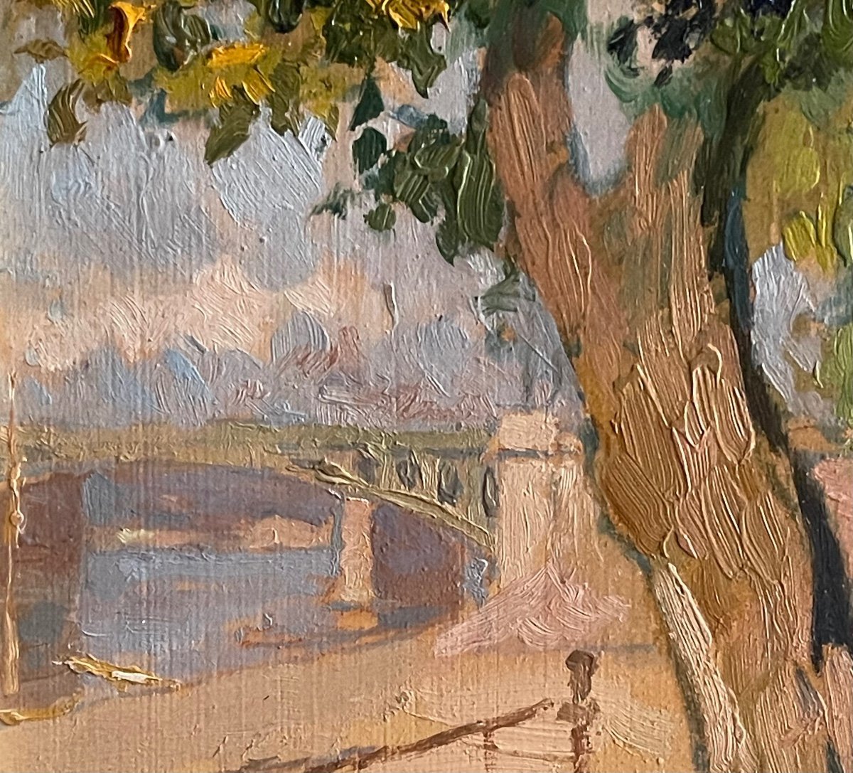 The Mirabeau Bridge In Paris Oil On Cardboard Signed Gaston Knecht-photo-3