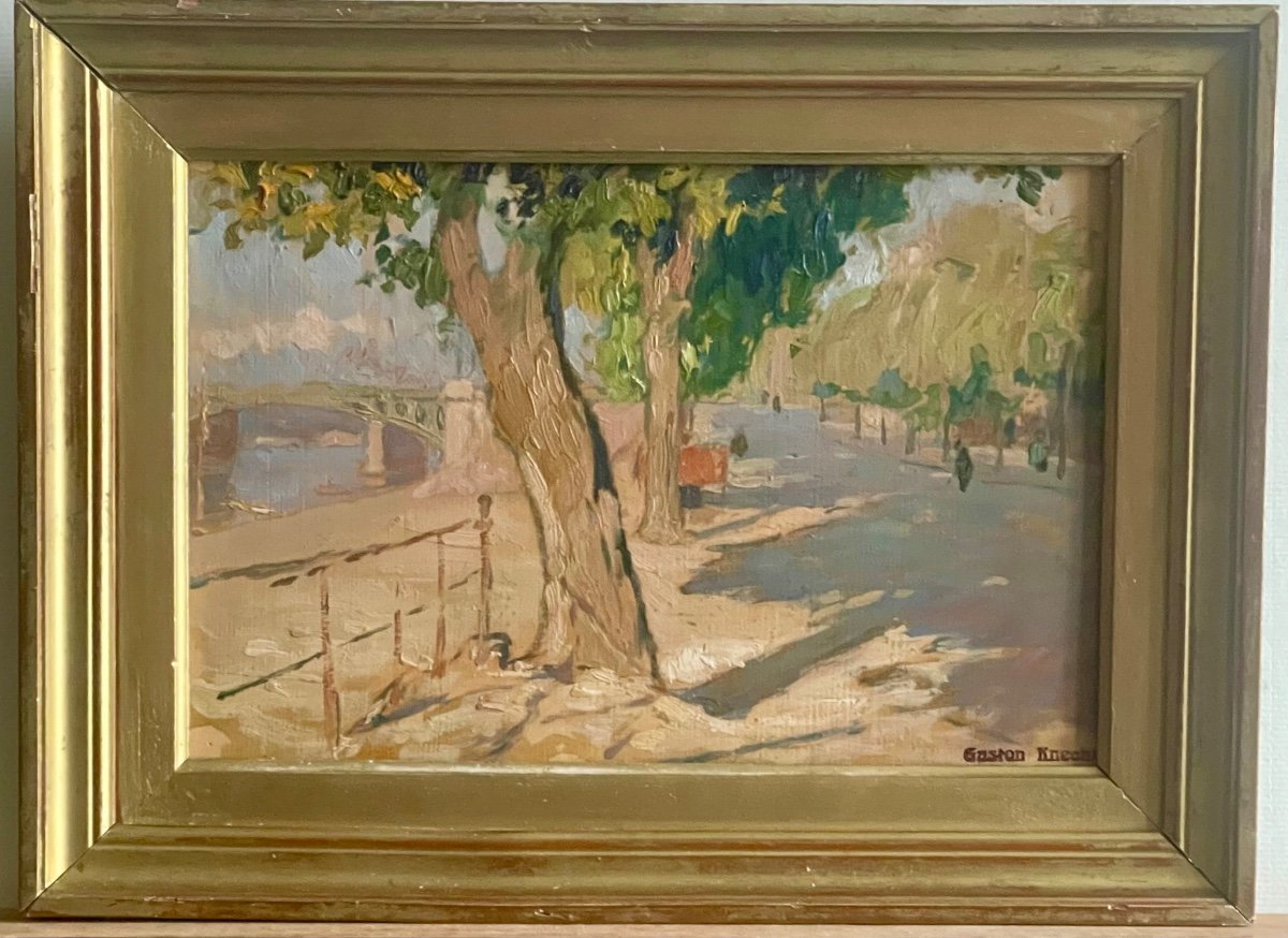 The Mirabeau Bridge In Paris Oil On Cardboard Signed Gaston Knecht