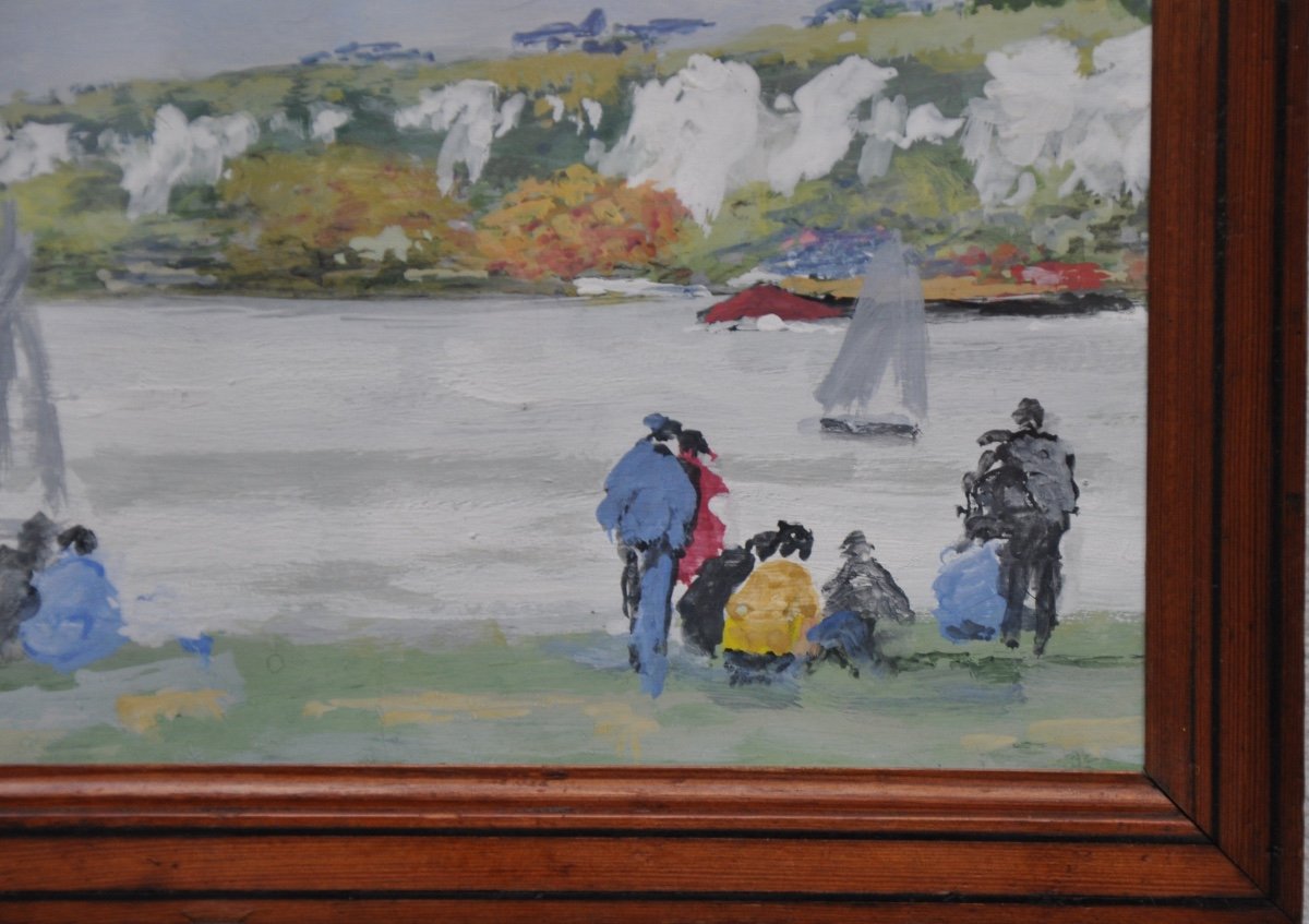 Les Andelys : Watching The Boats Cruising Gouache Signed Lanos-photo-2