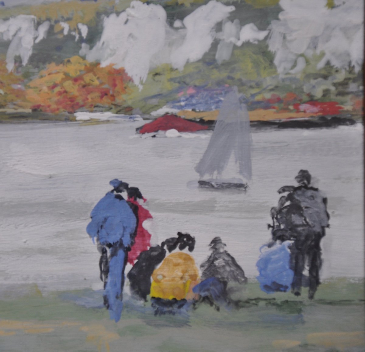 Les Andelys : Watching The Boats Cruising Gouache Signed Lanos-photo-4