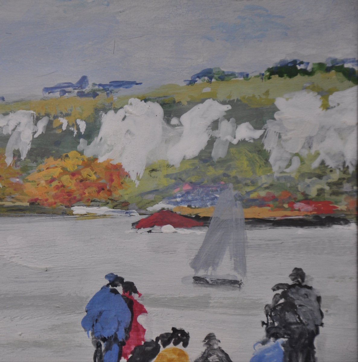 Les Andelys : Watching The Boats Cruising Gouache Signed Lanos-photo-2