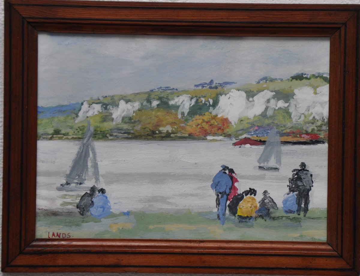 Les Andelys : Watching The Boats Cruising Gouache Signed Lanos