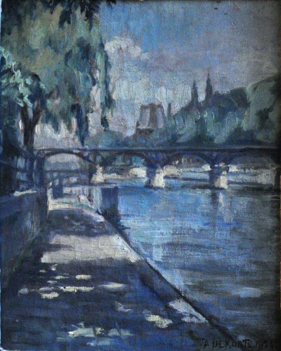 Ponts De Paris Oil On Canvas Signed Albert Maurice Dekorte Twentieth Century-photo-1