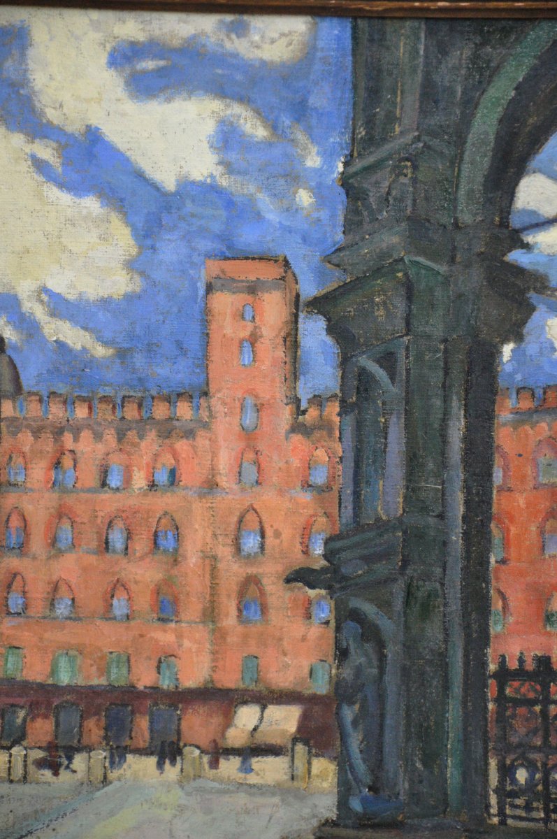 Siena, Piazza Del Campo Oil On Canvas Signed Charly Rochat 20th Century-photo-2