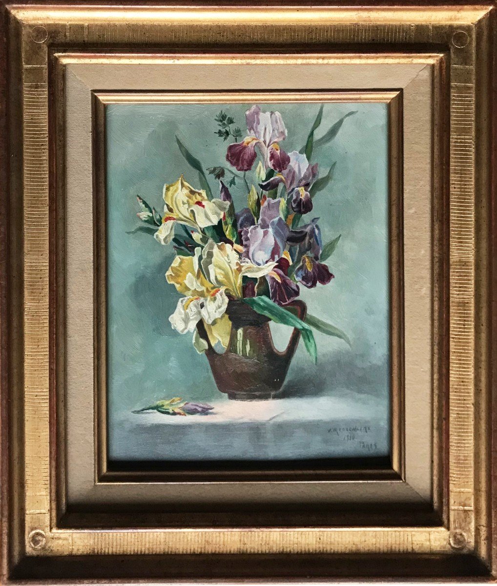 Bouquet Of Yellow And Purple Iris Oil On Panel Signed Pierre Jean Meulenaere Dated 1910