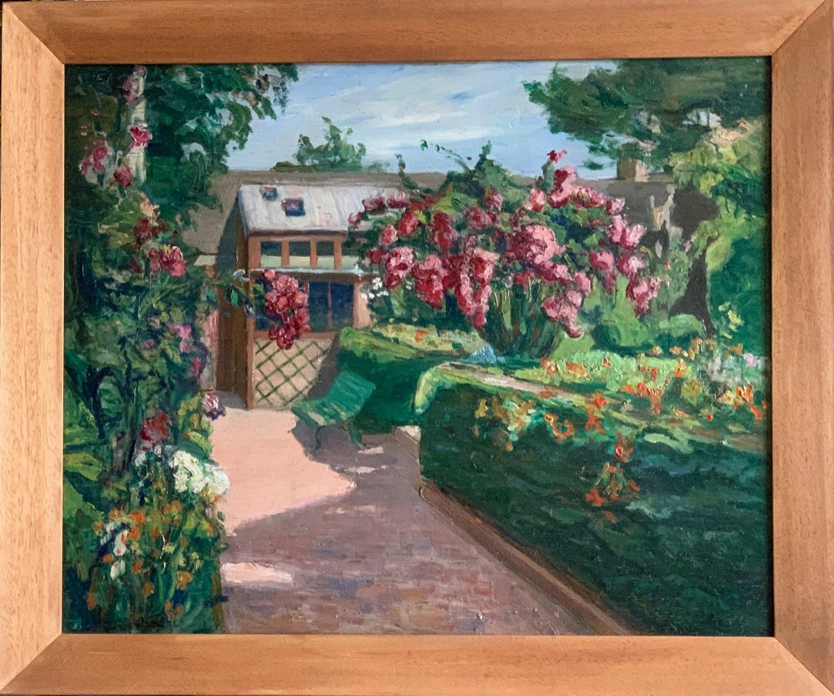 In The Garden Oil On Panel French School Twentieth Century