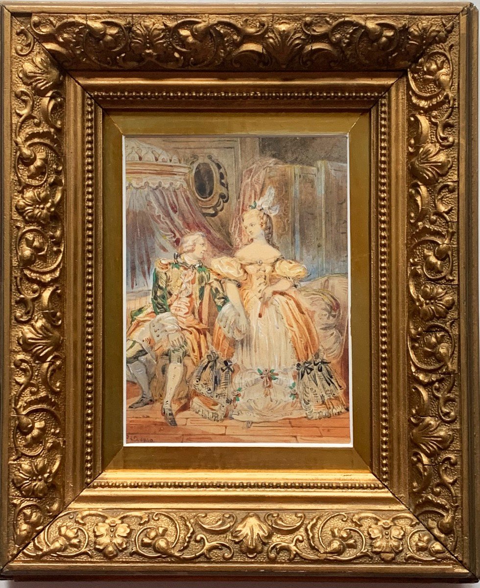 Scène Galante Watercolor Dated 1840 In The Taste Of The Eighteenth Century