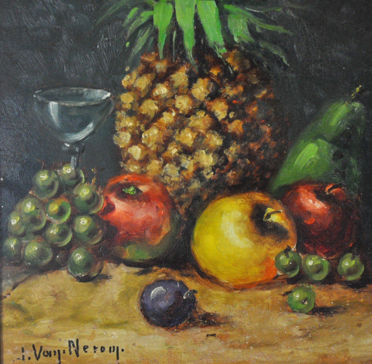 Pineapple Still Life Oil On Panel Belgian School Twentieth Century-photo-2