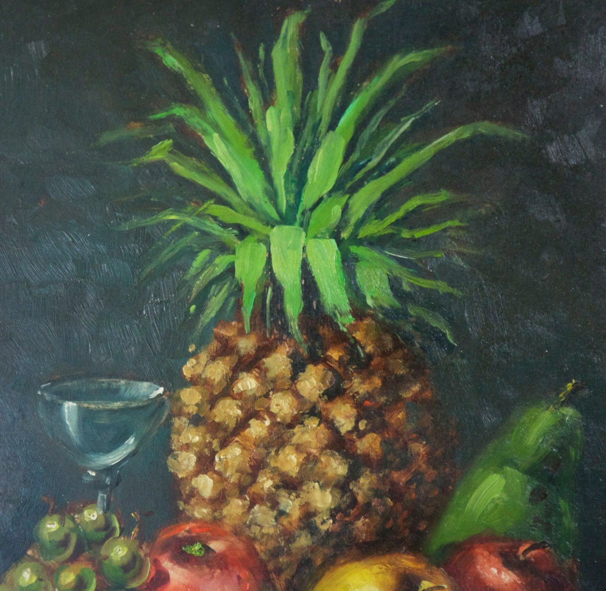 Pineapple Still Life Oil On Panel Belgian School Twentieth Century-photo-3