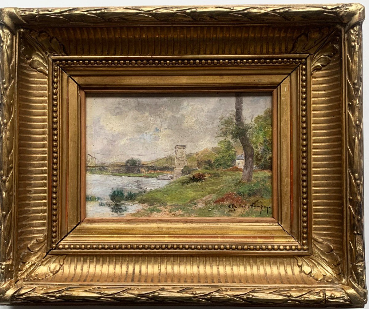 Paysage Au Pont Huile Sur Panneau Signée Charlay-Pompon Ecole Française XIXème Siècle