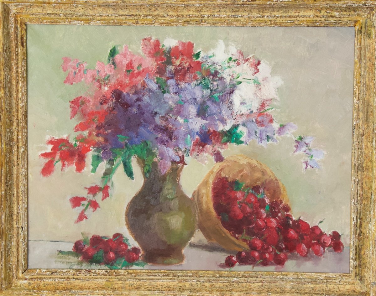 Bouquet Of Flowers And Basket Of Cherries Oil On Canvas XXth Century French School