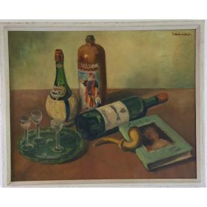 Three Bottles And A Pipe. Oil On Canvas Belgian School Early XXth Century Signed