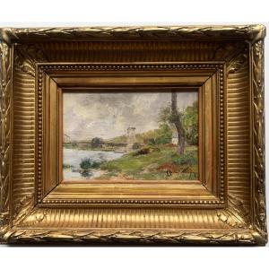 Landscape At The Bridge Oil On Panel Signed Charlay-pompon French School XIXth Century