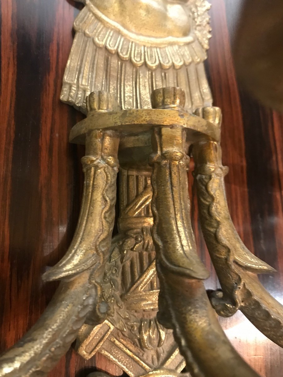 Pair Of Gilt Bronze Sconces With War Attributes-photo-4