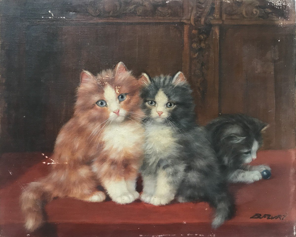 Tableau Les Trois Chatons Huile Sur Toile Signé Burkhard Flury(1862/1928)